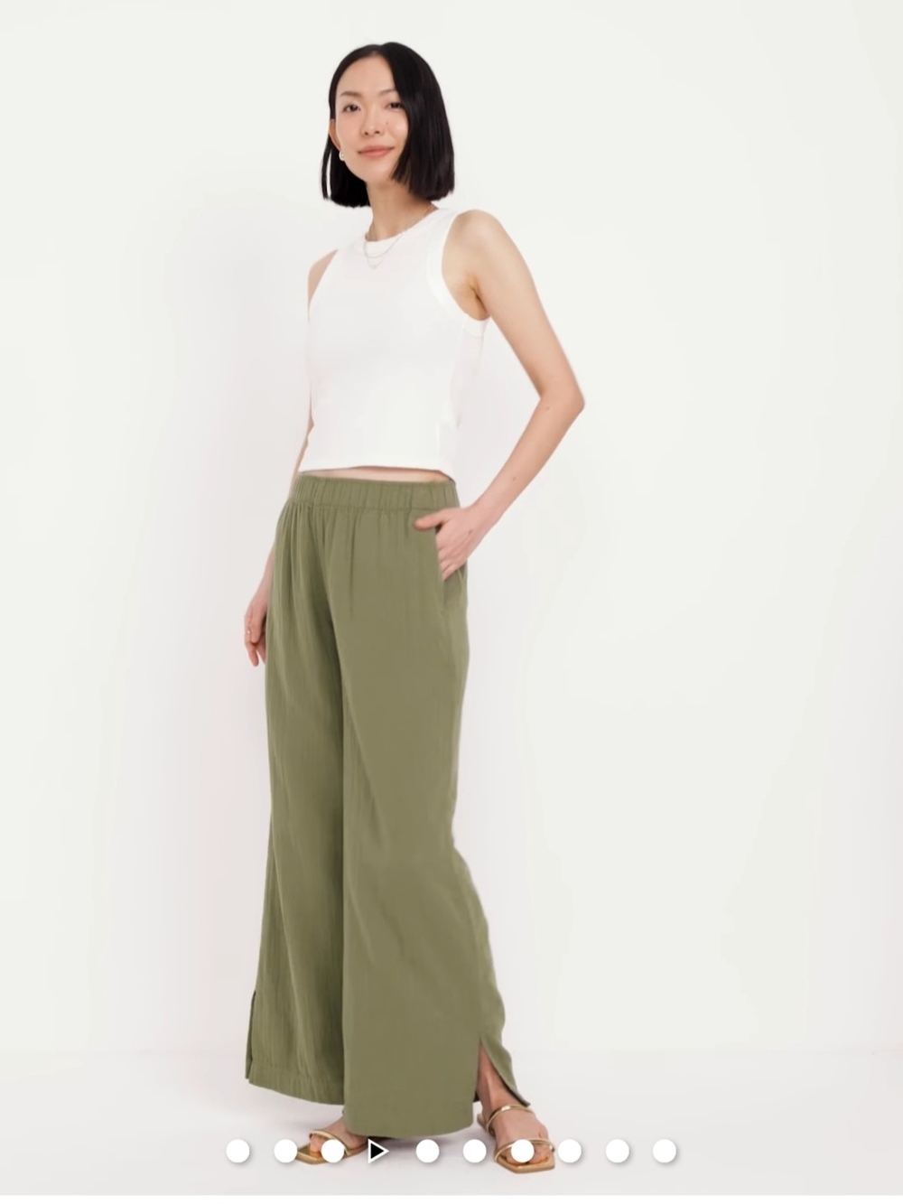 Cotton Gauze Olive Green Wide-Leg Pull On Pants